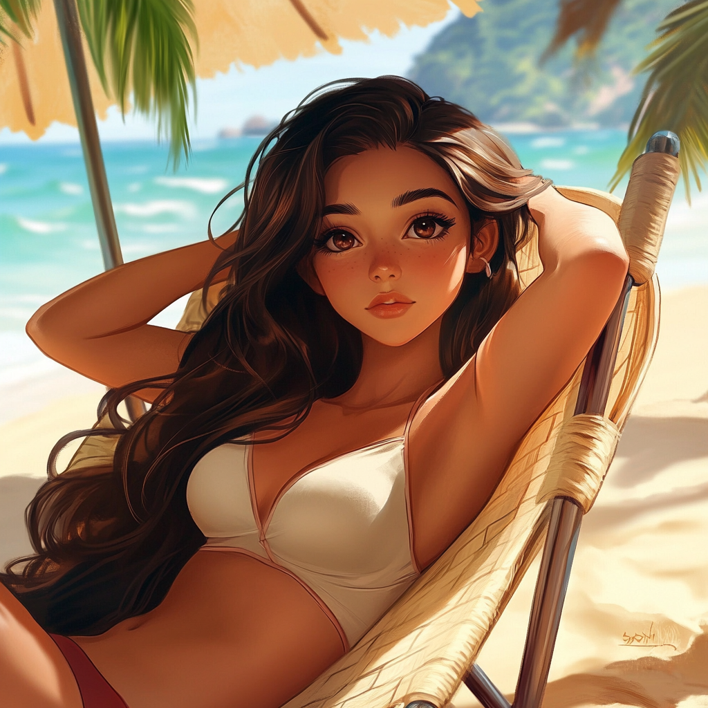 Main female character with long hair, dark eyes. Beach scene.