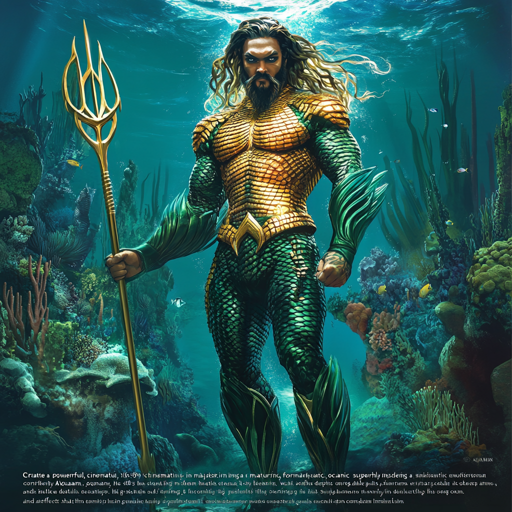 Majestic Aquaman superhero in ocean kingdom with glowing trident.