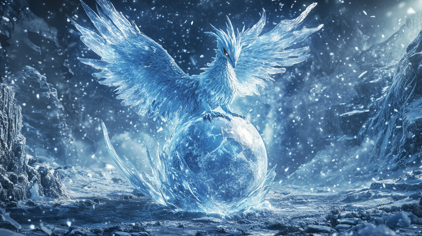 Majestic Articuno emerges from frosty egg on ice wallpaper.