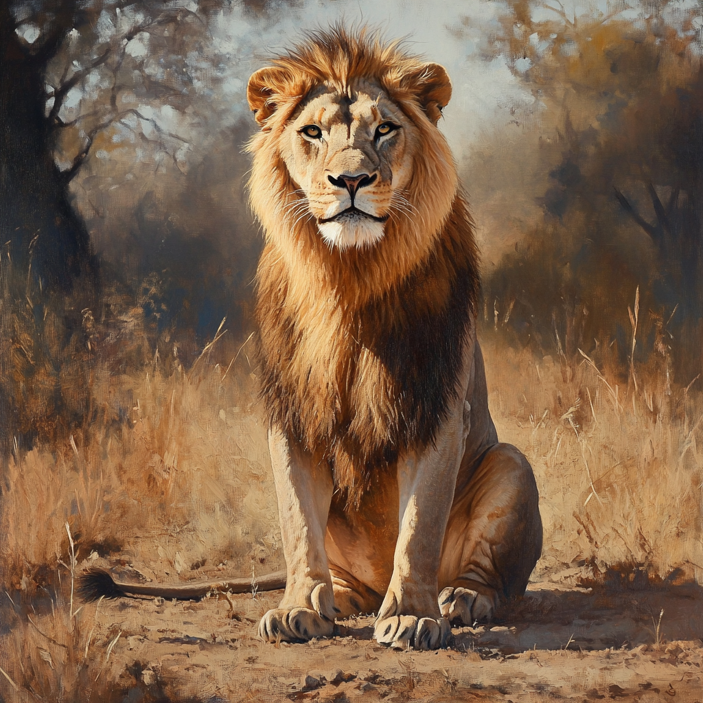 Majestic Asiatic Lion in Dry Grassland Forest: Artwork Painting