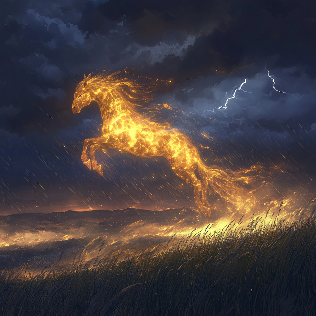 Majestic Capricorn emerges from storm in mystical sky scene.