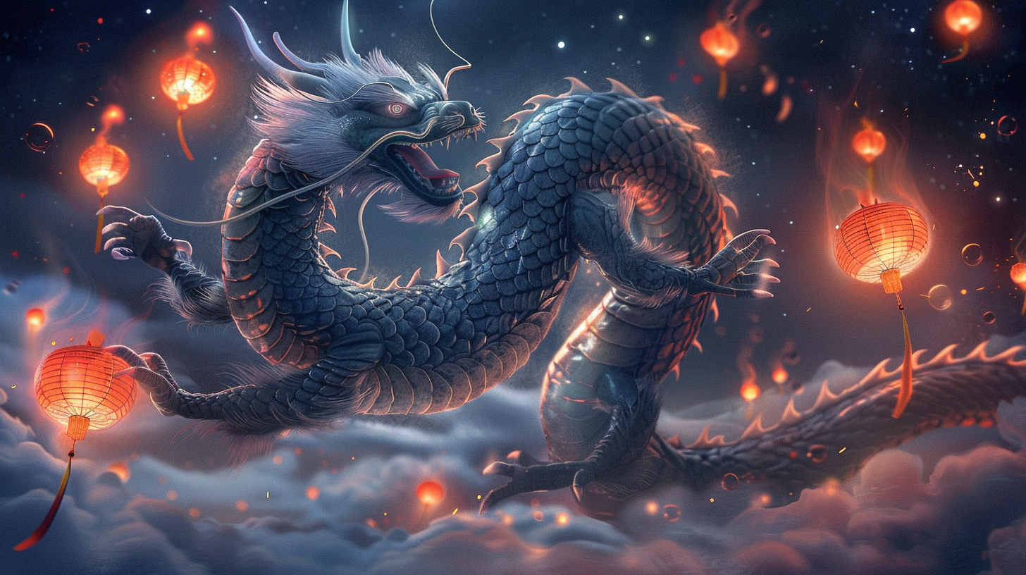 Majestic Chinese Dragon in Night Sky with Lanterns