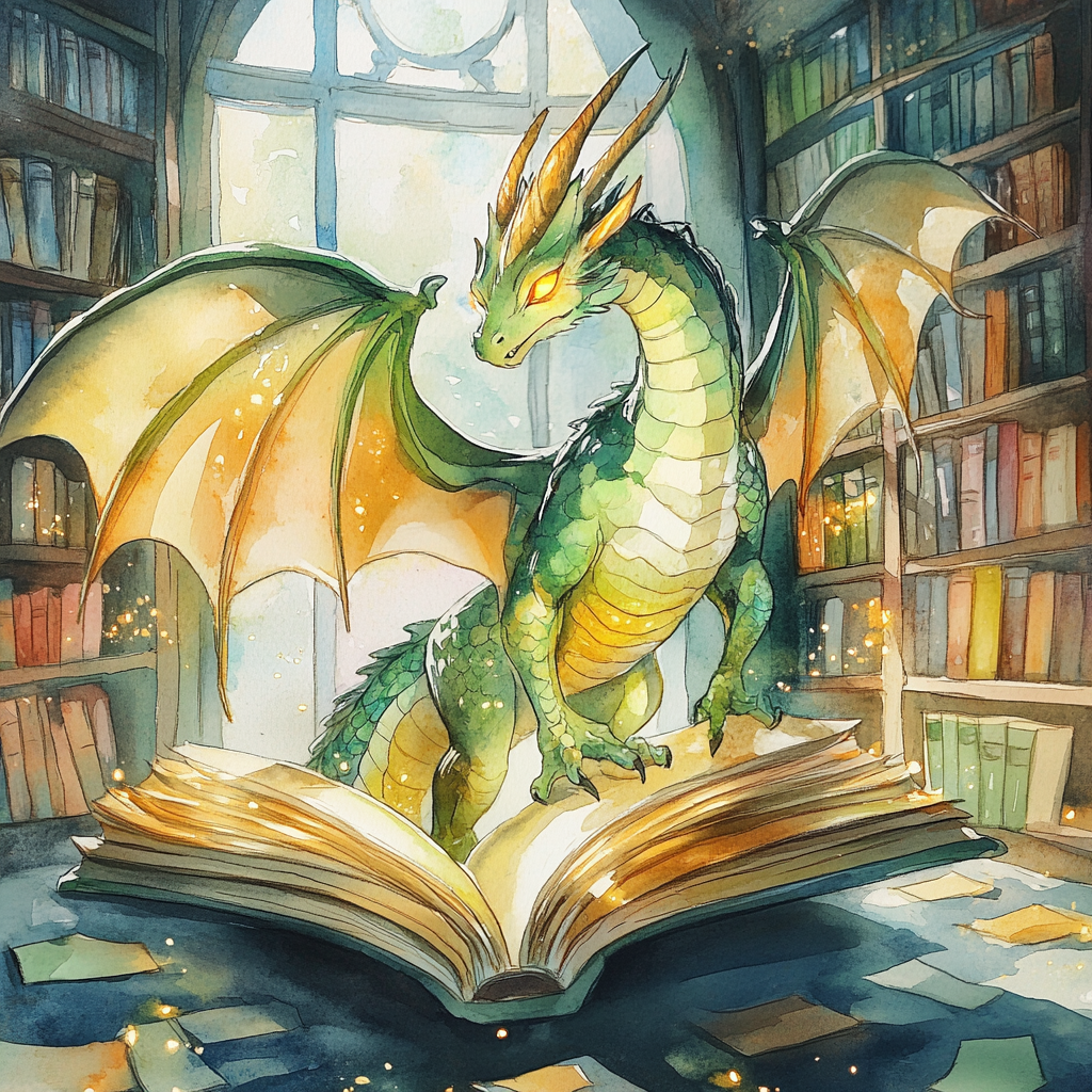 Majestic Dragon Emerging from Storybook in Cozy Library