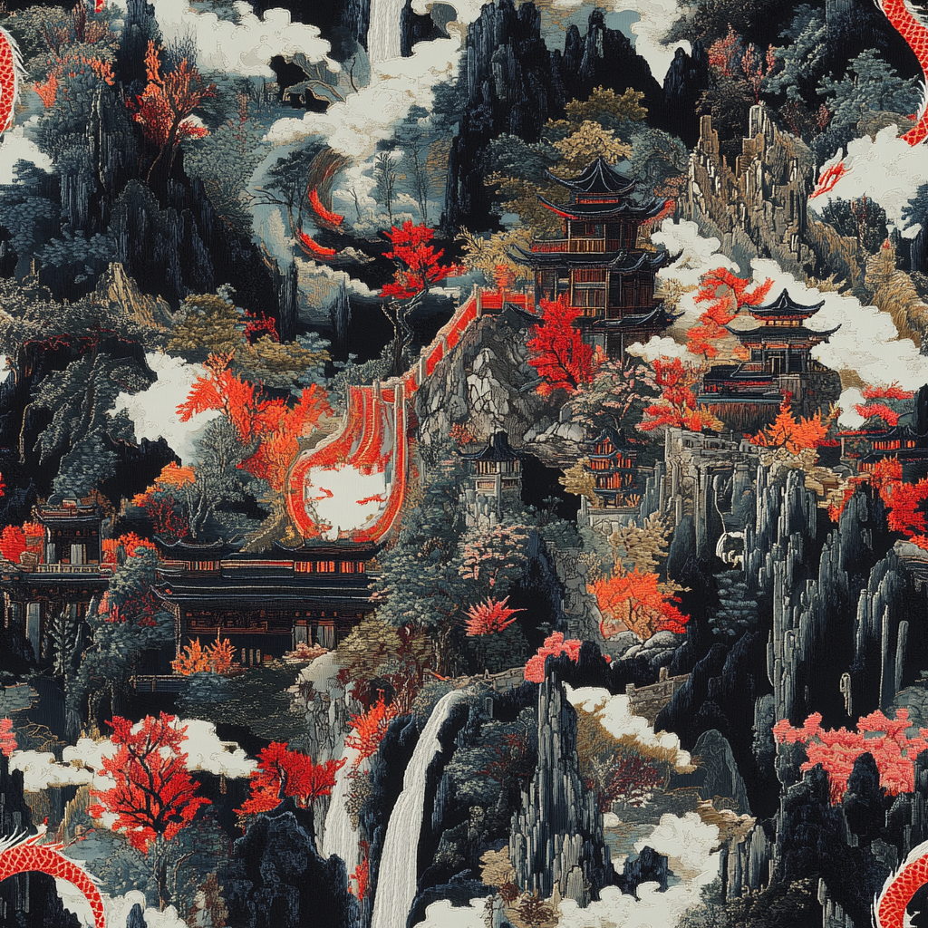 Majestic Dragon in Chinese embroidery style over landscapes.