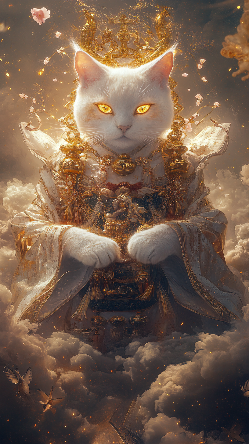 Majestic Japanese cat god with golden eyes