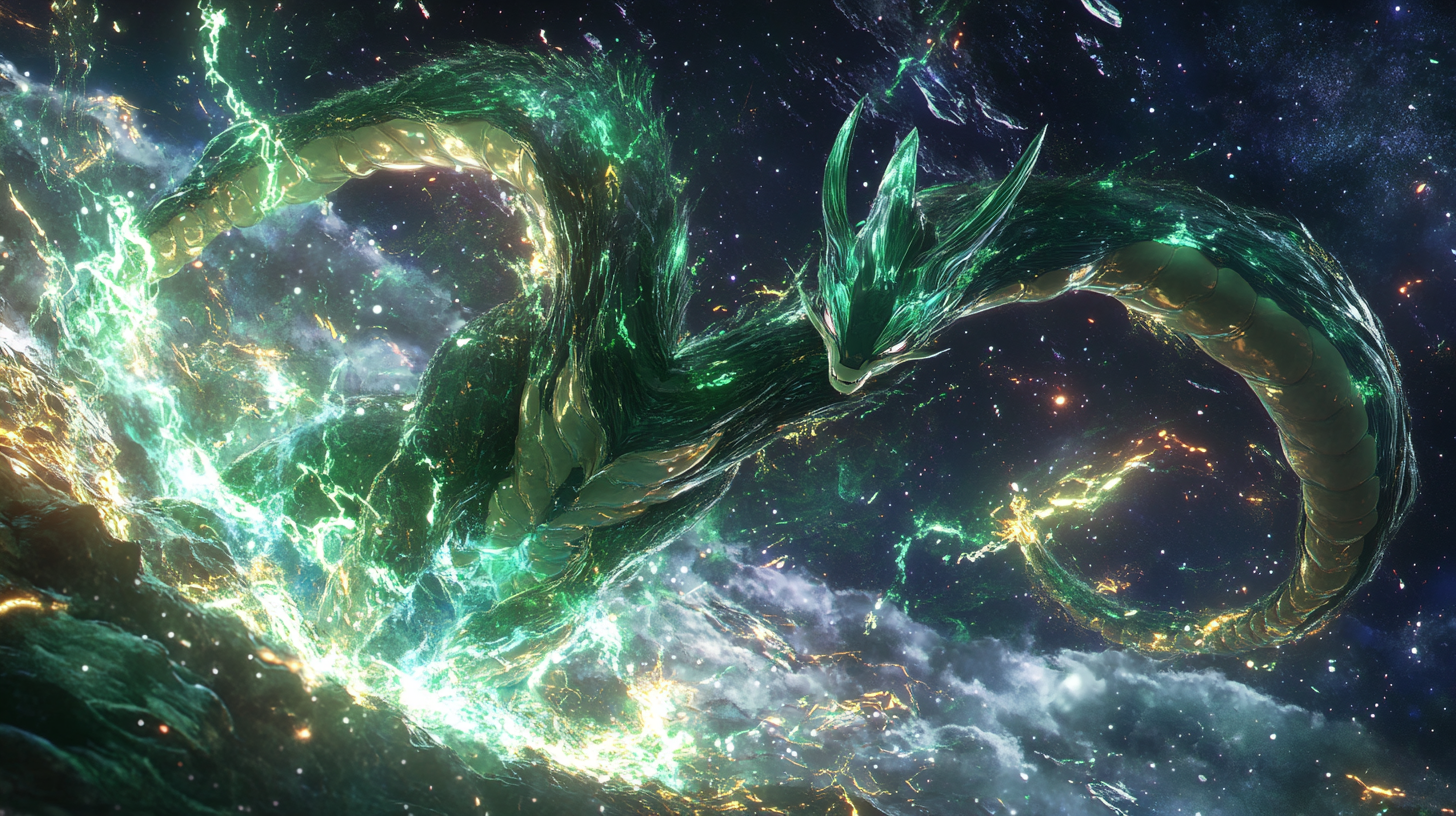 Majestic Rayquaza emerges from cosmic egg in swirling energy.