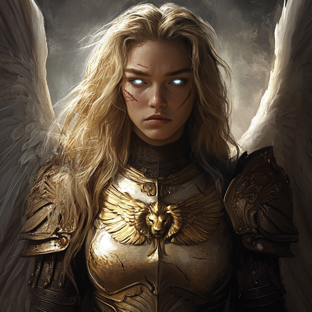 Majestic angelic warrior with white wings, golden Renaissance armor.