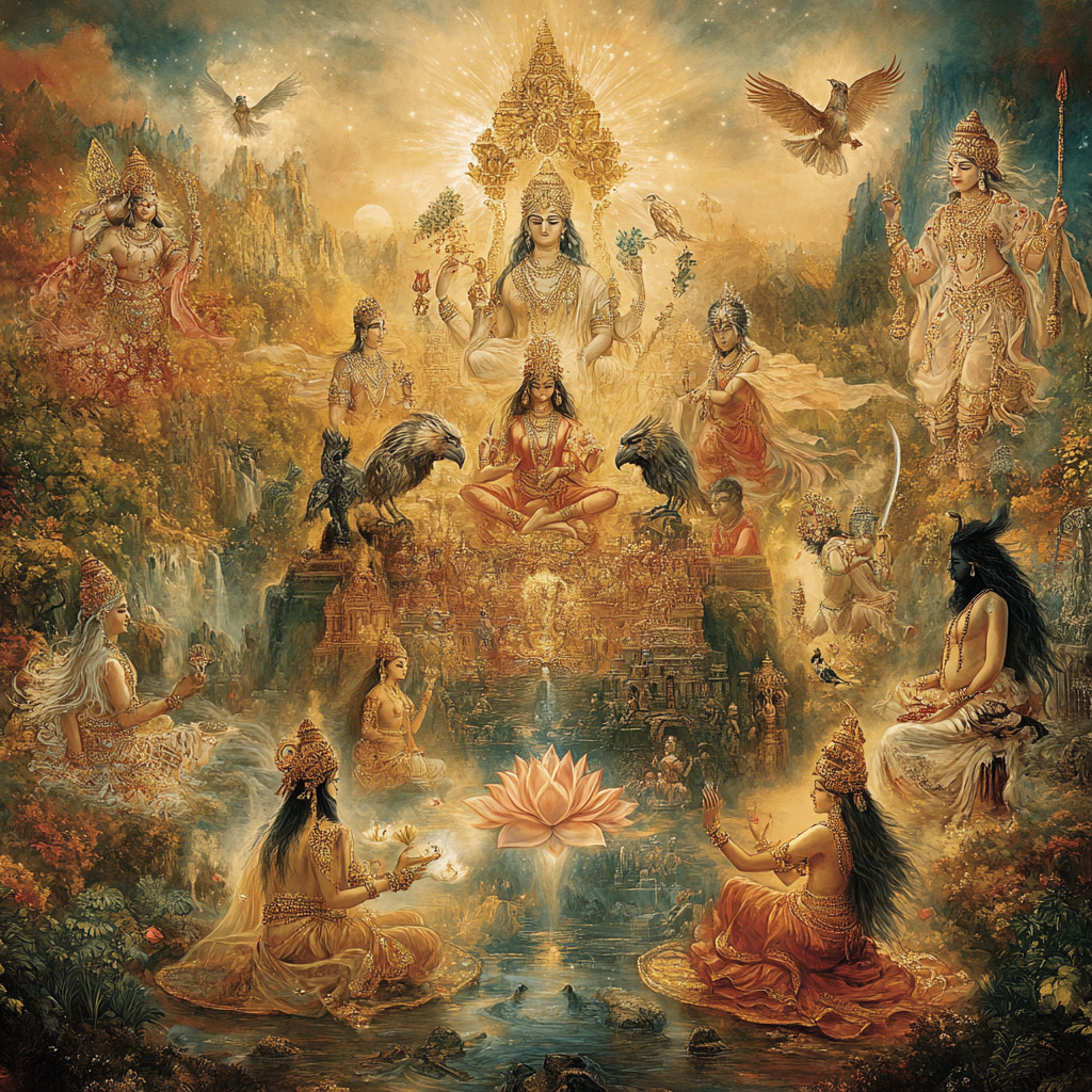 Majestic assembly of deities in radiant cosmic landscape.