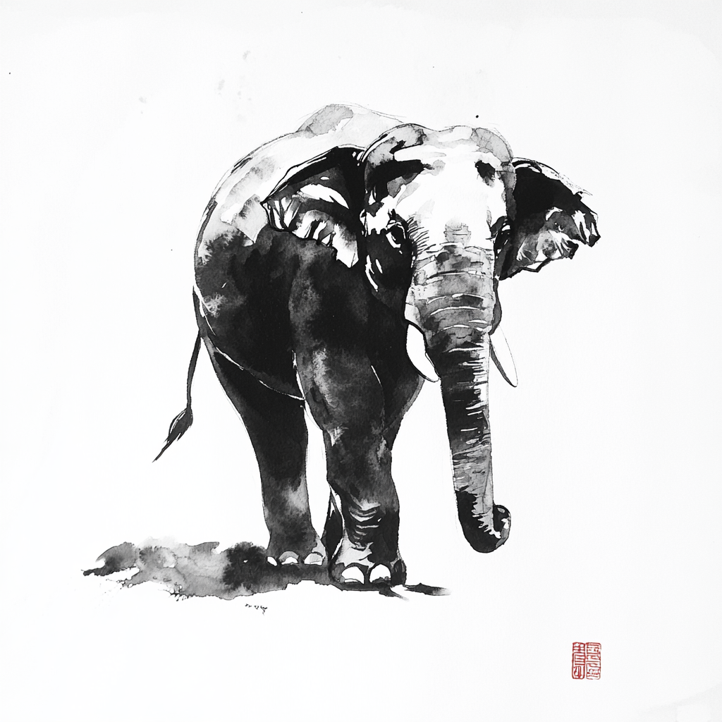 Majestic black and white elephant in ink wash.