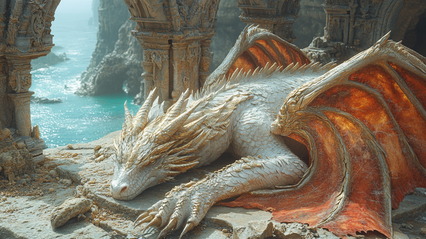 Majestic bronze dragon sleeping in open temple near ocean.