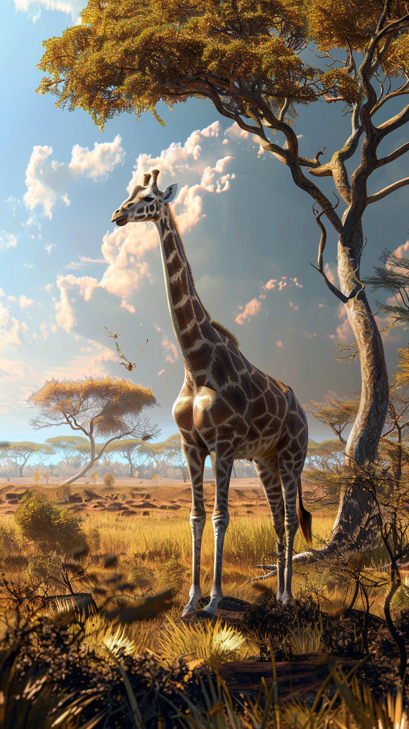 Majestic giraffe Zuma on African savannah with sunny sky.