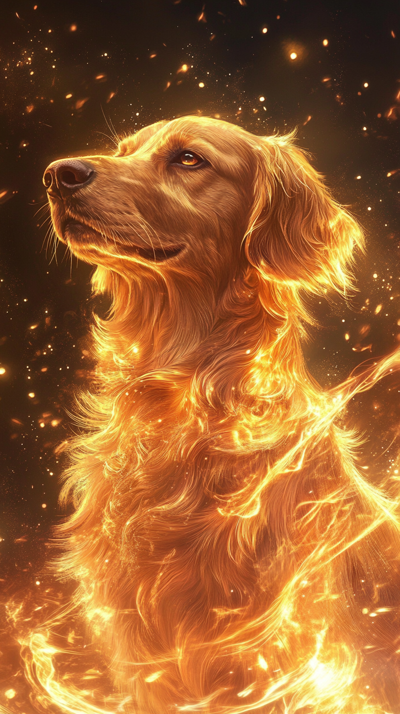 Majestic golden dog with detailed, silky fur, surrounded by elemental effects.