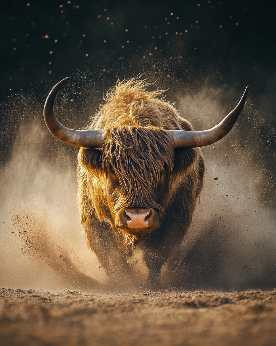 Majestic highland cattle bull portrait in nature