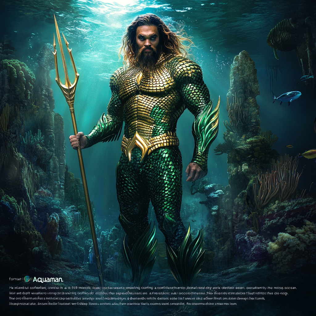 Majestic ocean superhero in glowing armor surrounded by sea creatures.