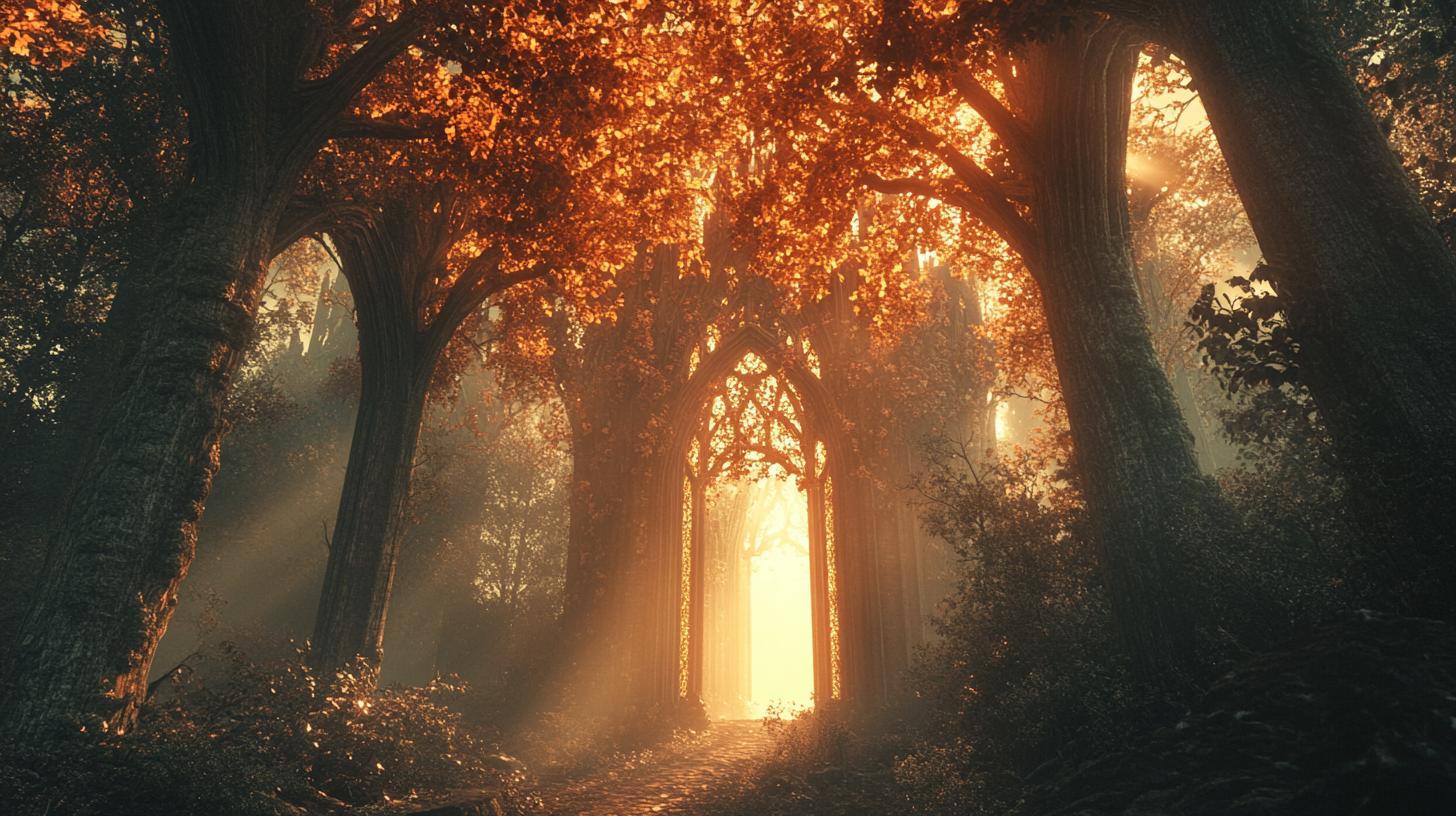 Majestic tree cathedral in ethereal, haunting image, mysterious atmosphere.