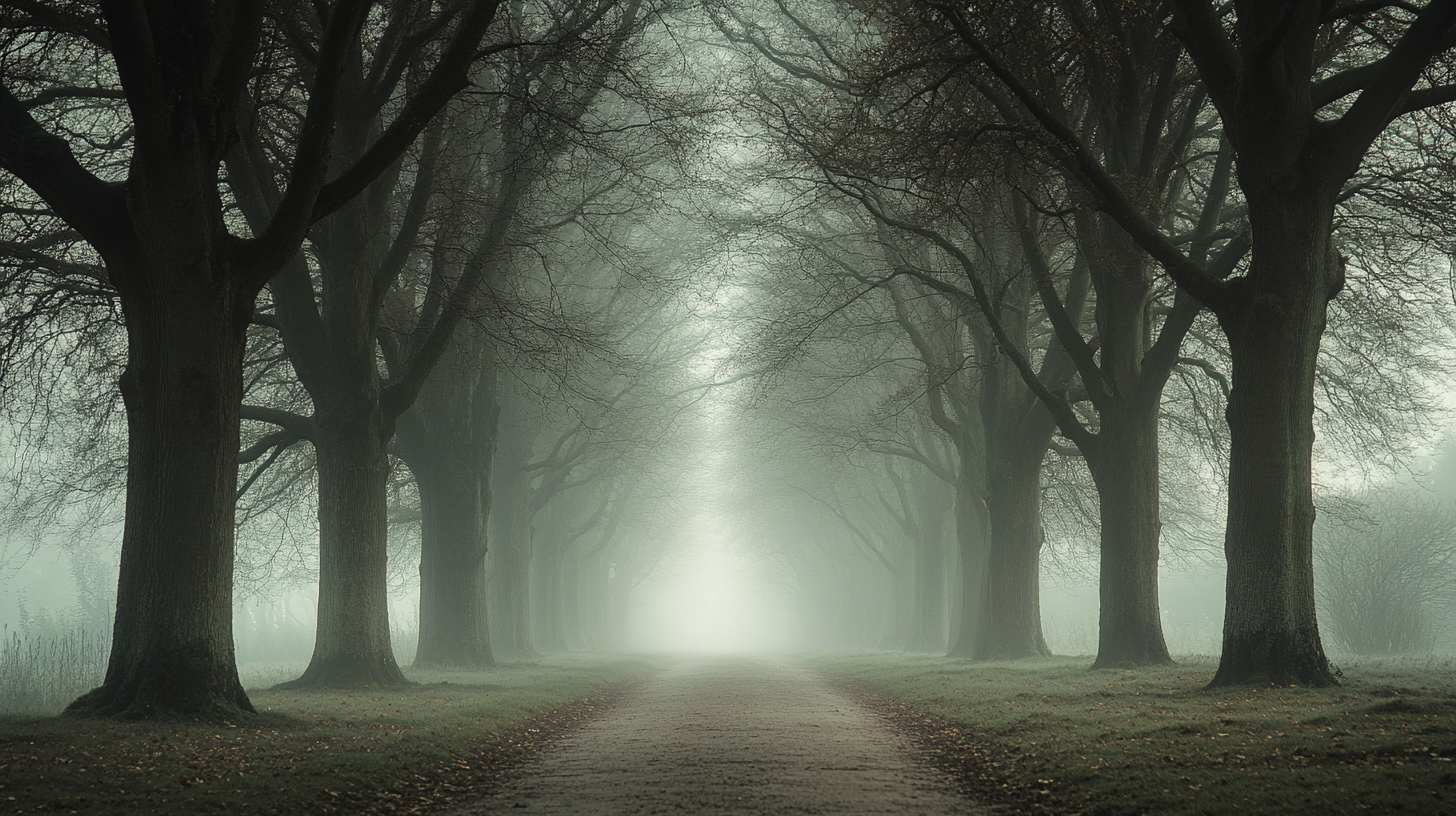 Majestic tree cathedral in mysterious misty forest.