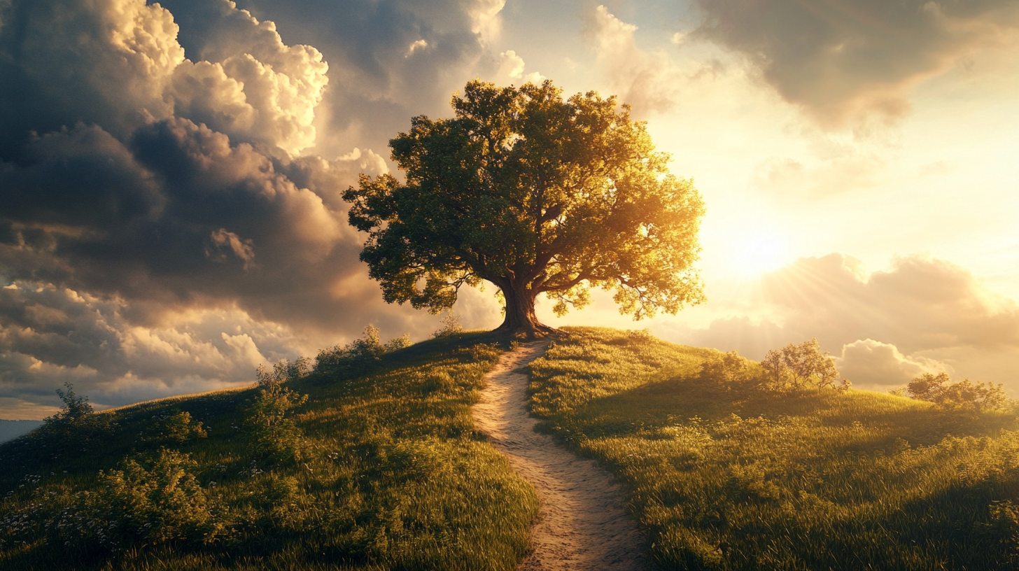 Majestic tree on hill under sunny sky