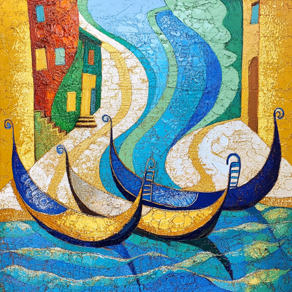 Make Picasso landscape drawing of gondoliers reflection in Venice.