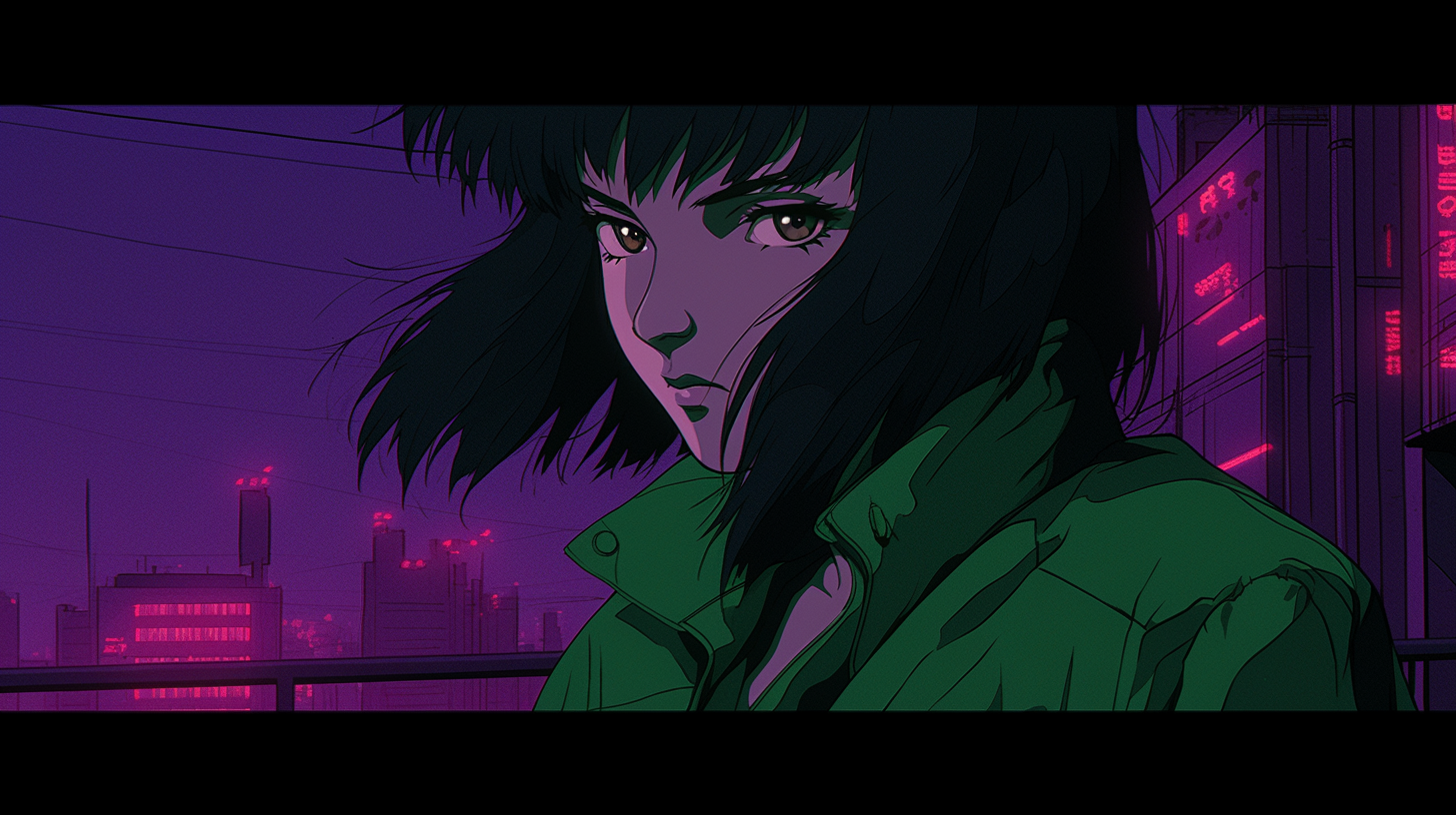 Makoto Kusanagi anime action scene in retro colors.