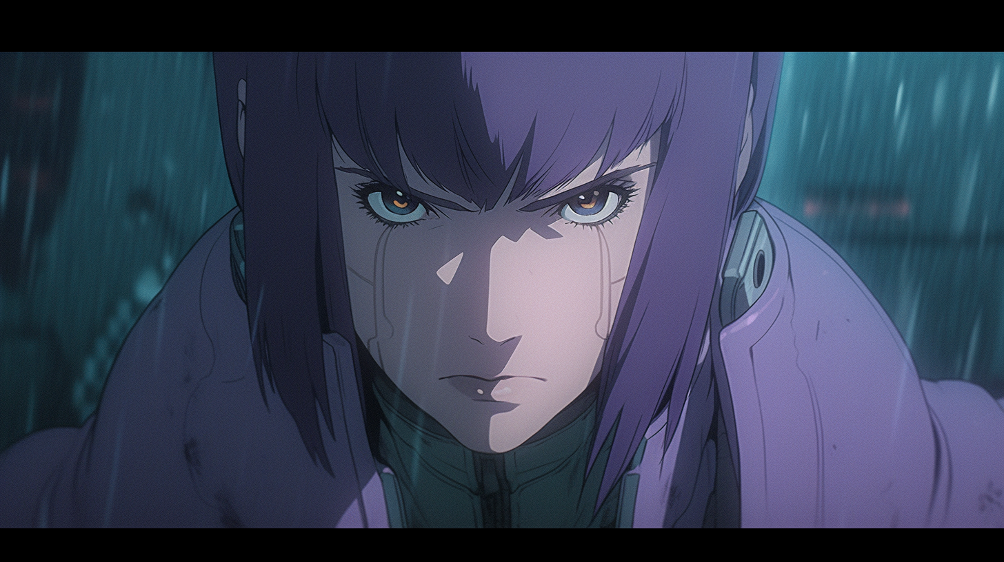 Makoto Kusanagi in intense anime action scene.