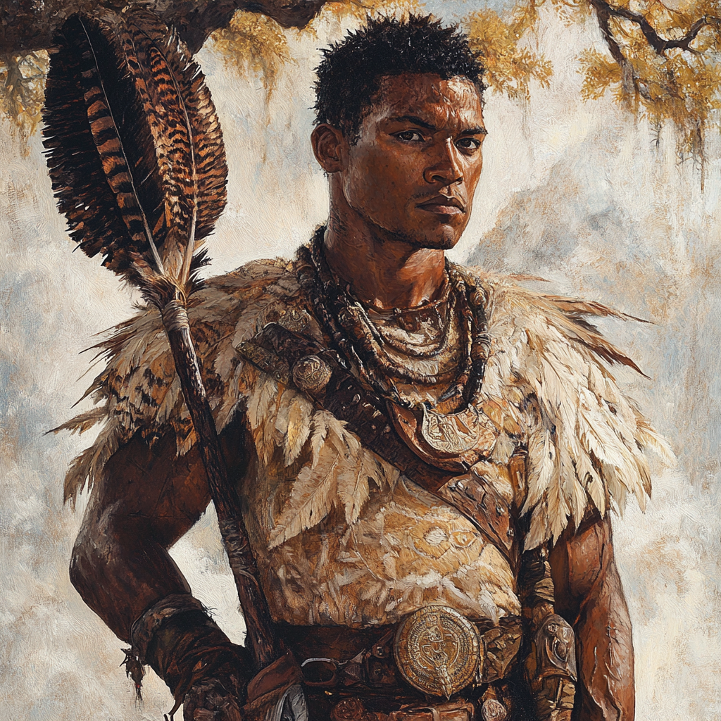 Malagasy warrior in tunic, holding warrior's hammer, eagle feathers.