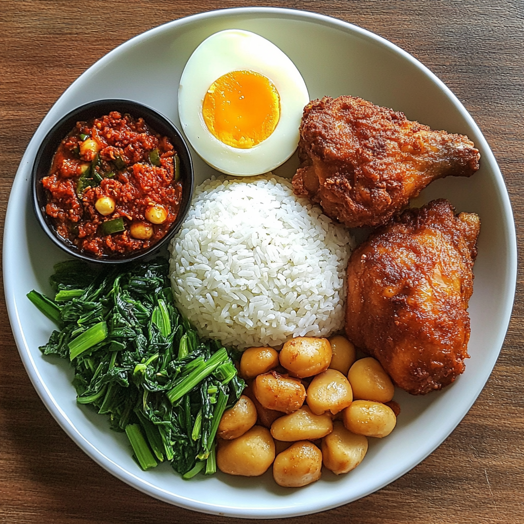 Malaysian dish with coconut rice, fried chicken, eggs, anchovies.