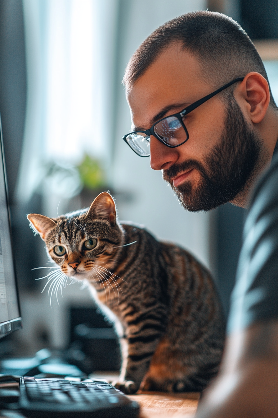 Male Arab sales manager in glasses on Zoom with cat.