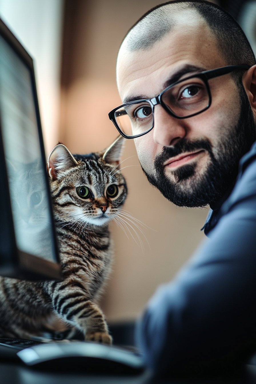 Male Arab sales manager wearing glasses in video meeting.