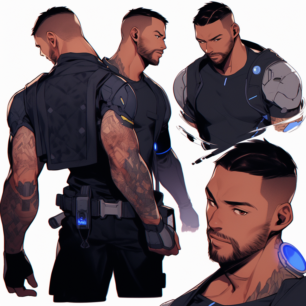 Male Cyberpunk Policeman Character Sheet with Multiple Dynamic Poses