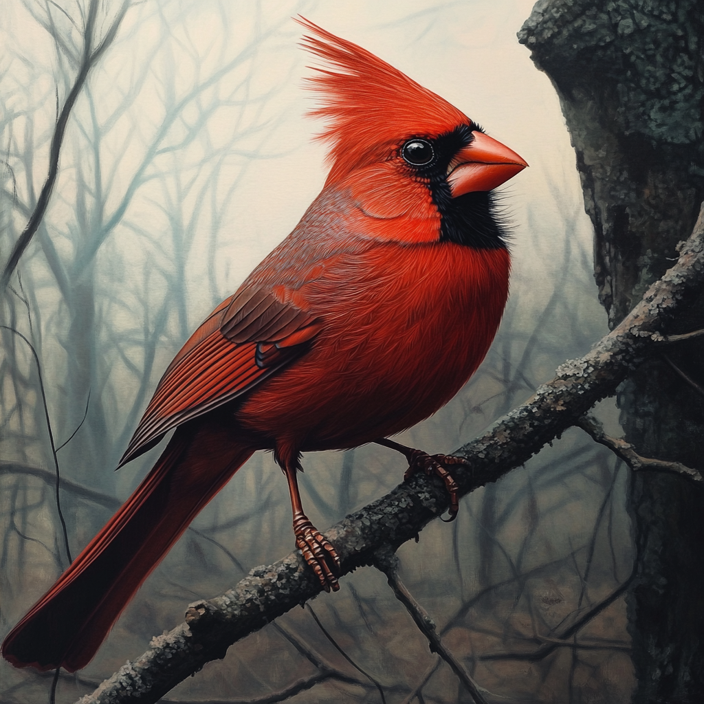 Male Northern Cardinal with red and black mask perched.