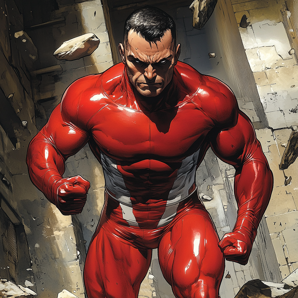 Male Superhero in Shiny Red Costume Dynamic Pose