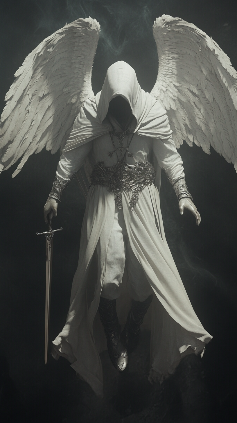 Male angel in hoodie holding sword, wings outstretched.