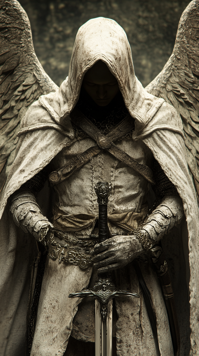 Male angel with hood, holding a sword, realistic view.