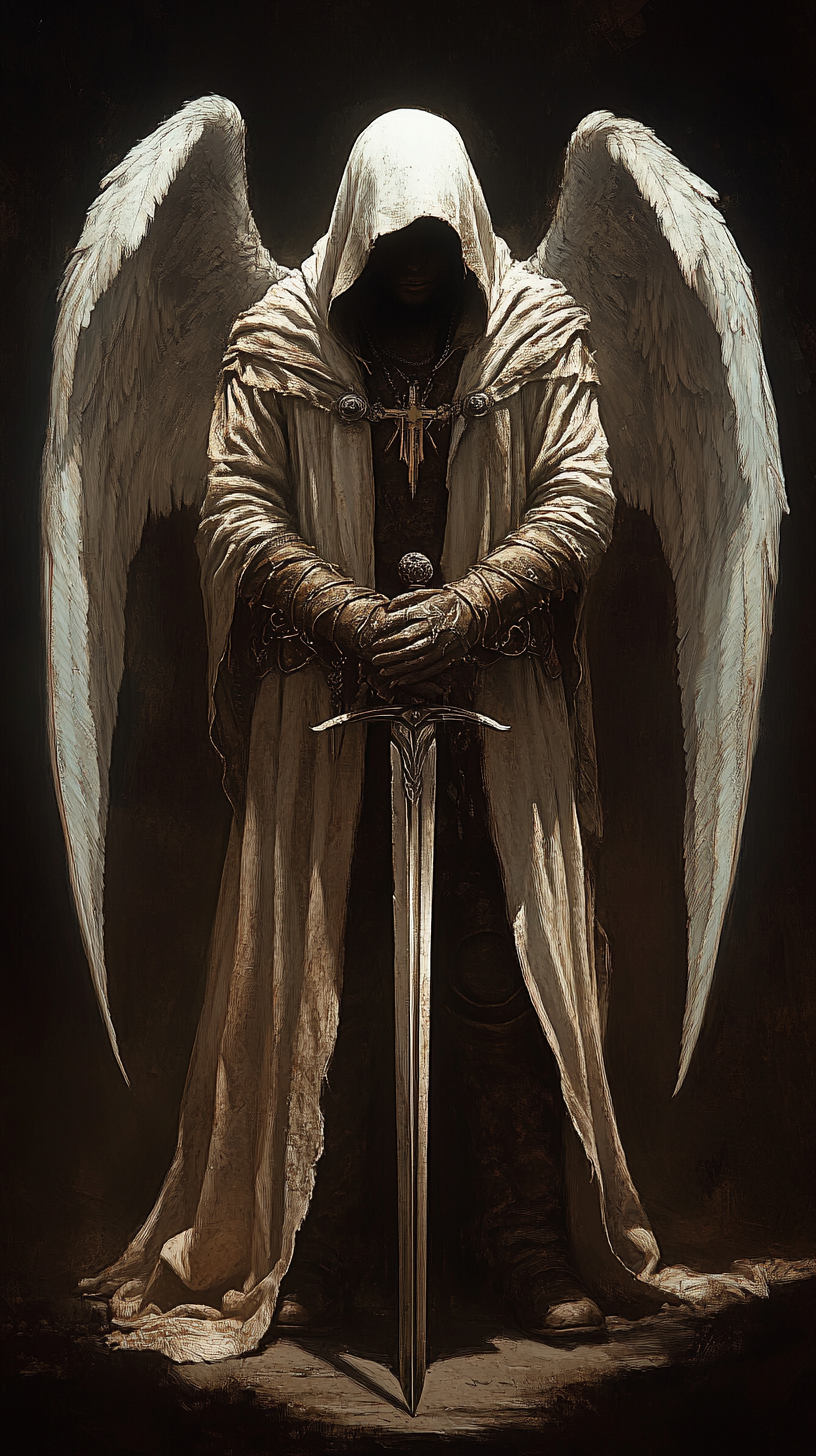 Male angel with hood, sword, outstretched wings, levitating.