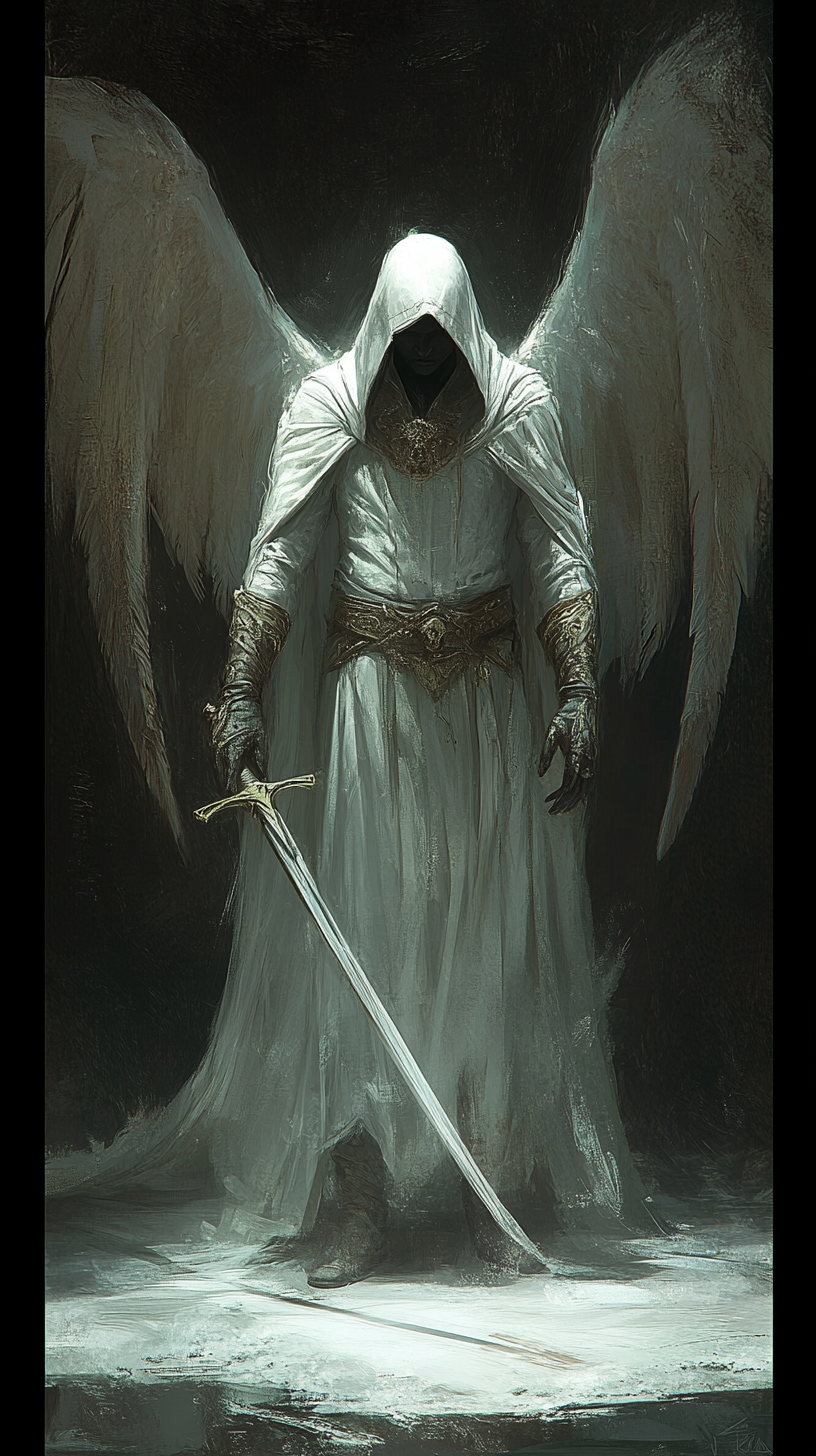 Male angel with wings and sword levitating realistically.