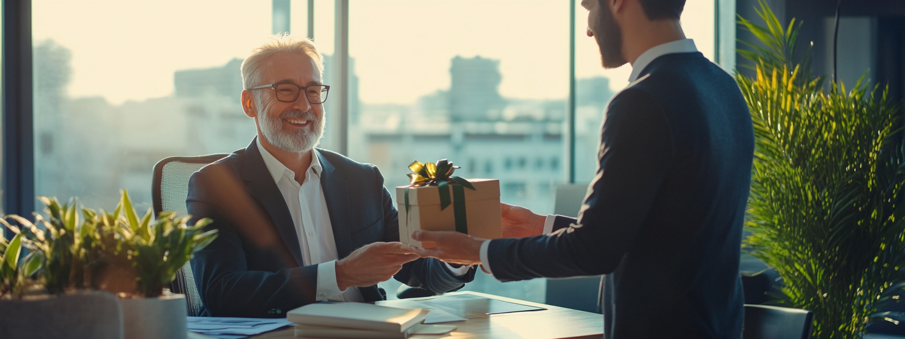 Male boss receives gift from male employee, both smiling