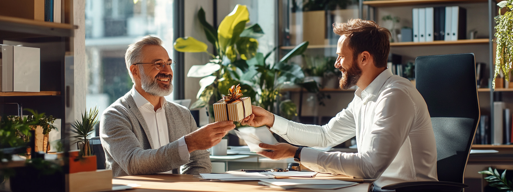 Male boss receiving gift from employee, both smiling happily.