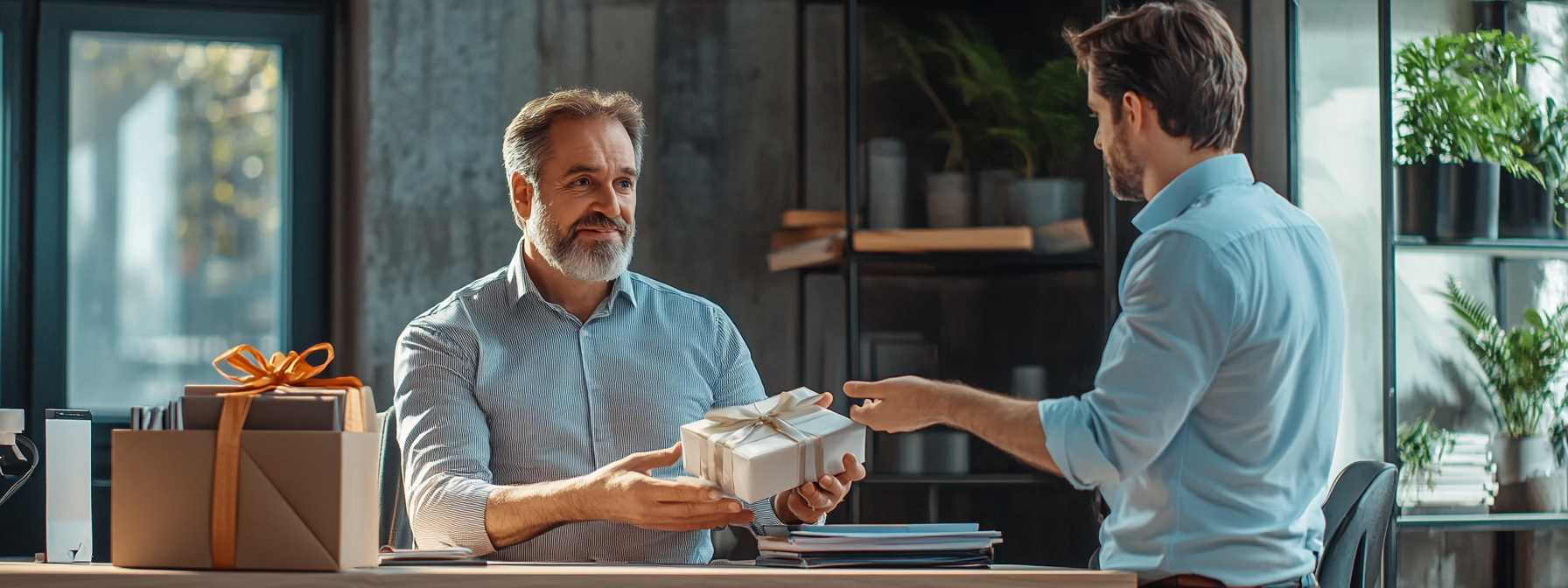 Male boss receiving gift from employee in office.