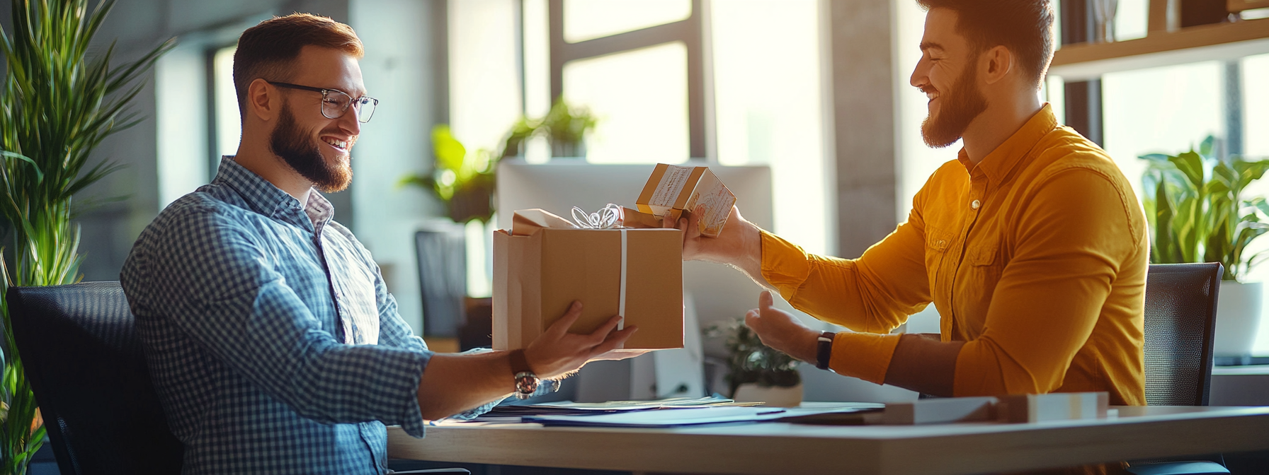 Male boss receiving happy gift from male employee.