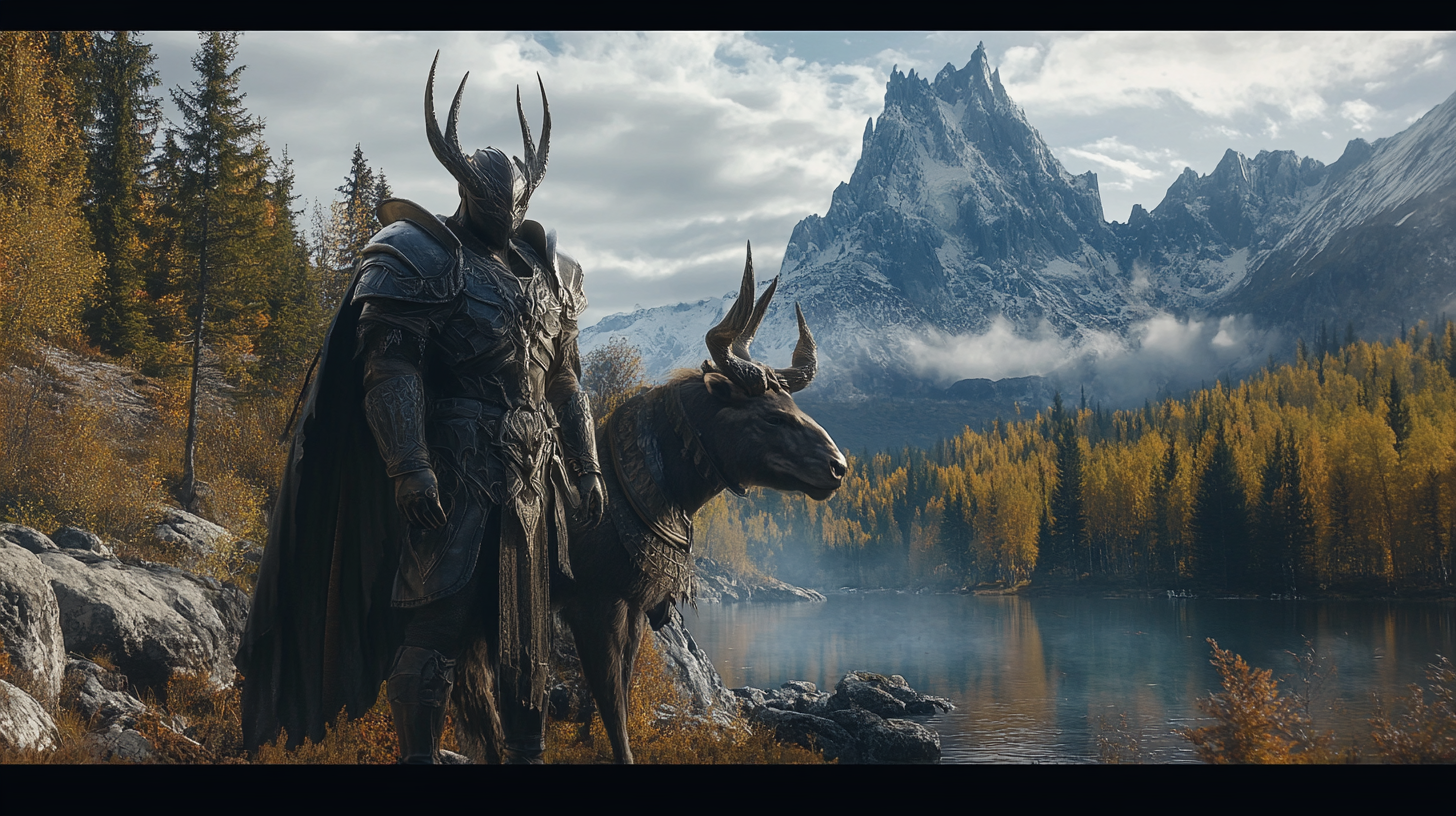 Male dark elf ranger in nature with large companion.