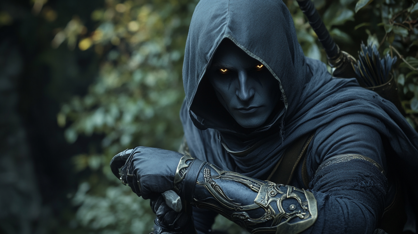 Male dark elf rogue thief in dark fantasy setting.