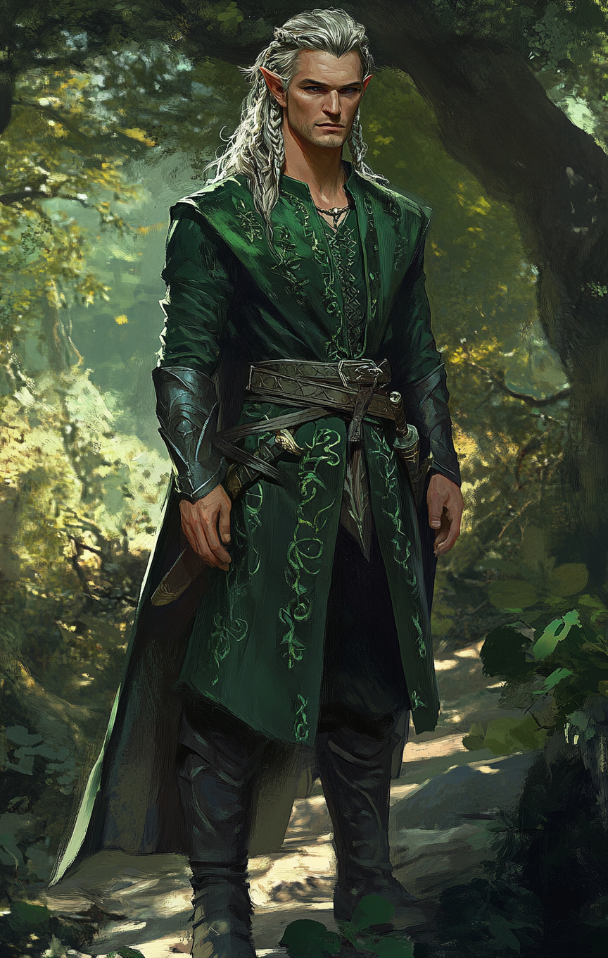 Male druid rogue in green tunic with forest background.