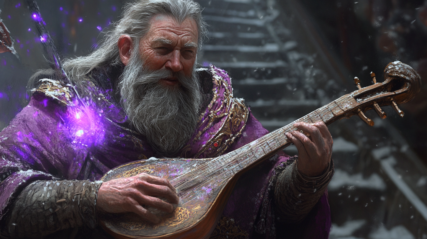 Male dwarf bard playing lute with purple magic. Singing intensely.