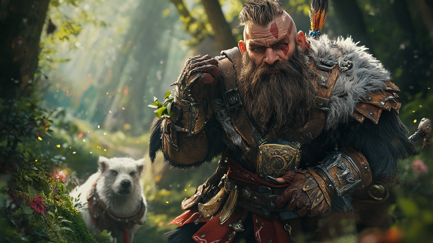 Male dwarf ranger with animal companion in epic action.