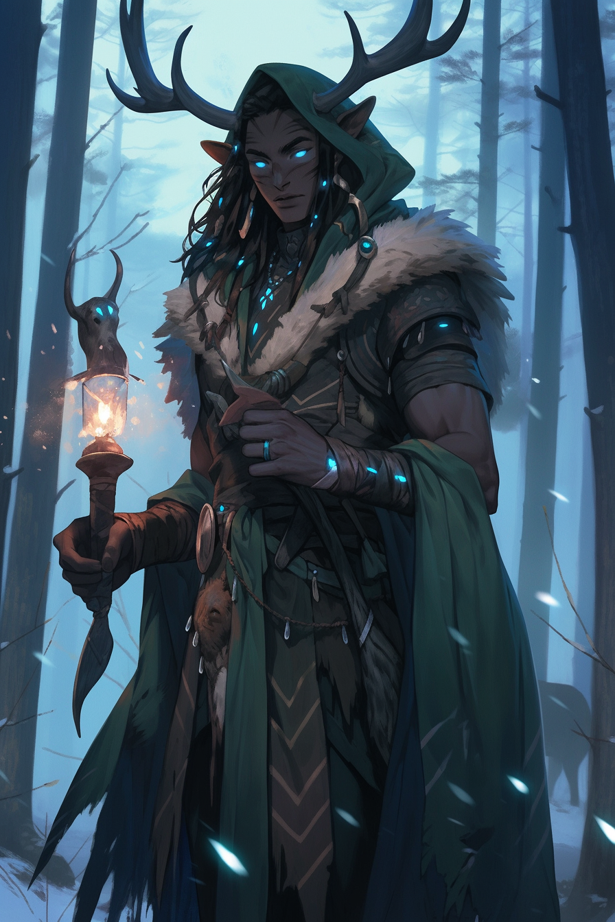 Male elf druid in forest with magical aura, cocky.