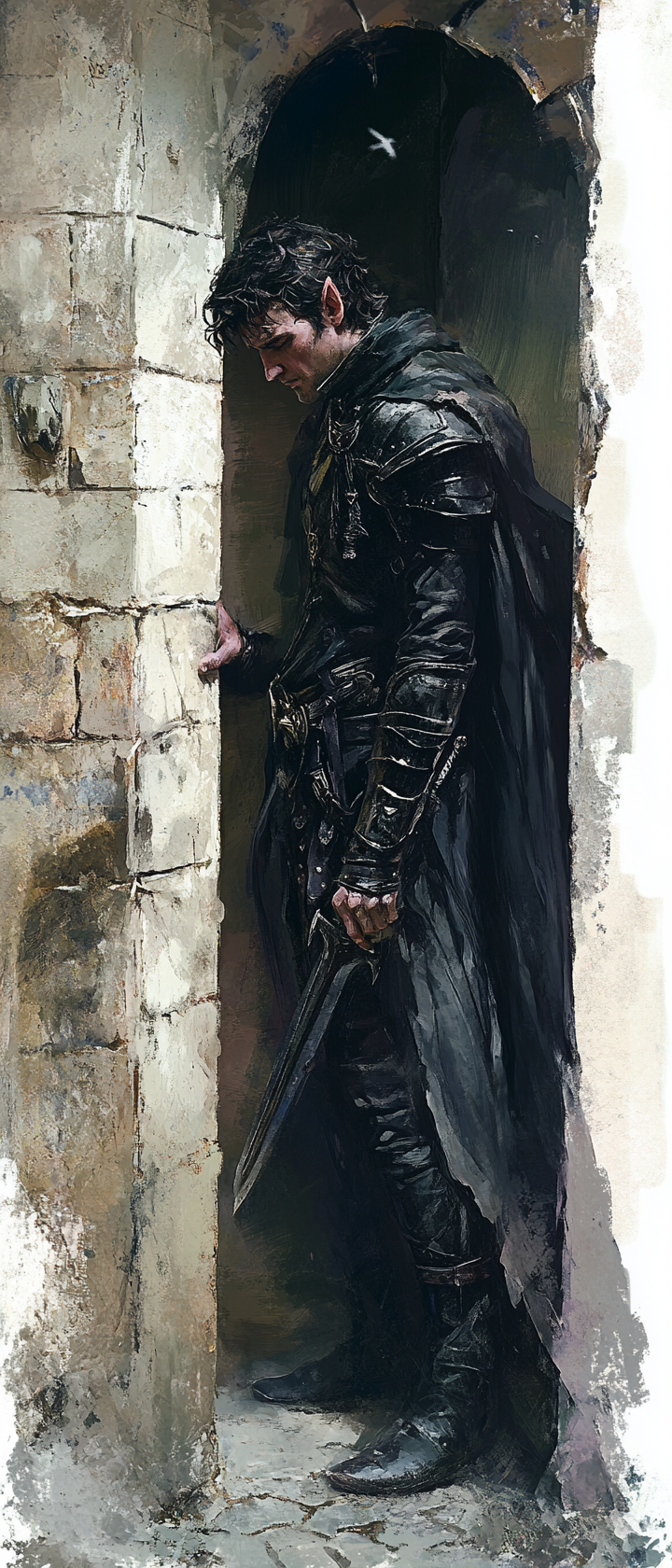 Male elf rogue in black armor sneaks through city.