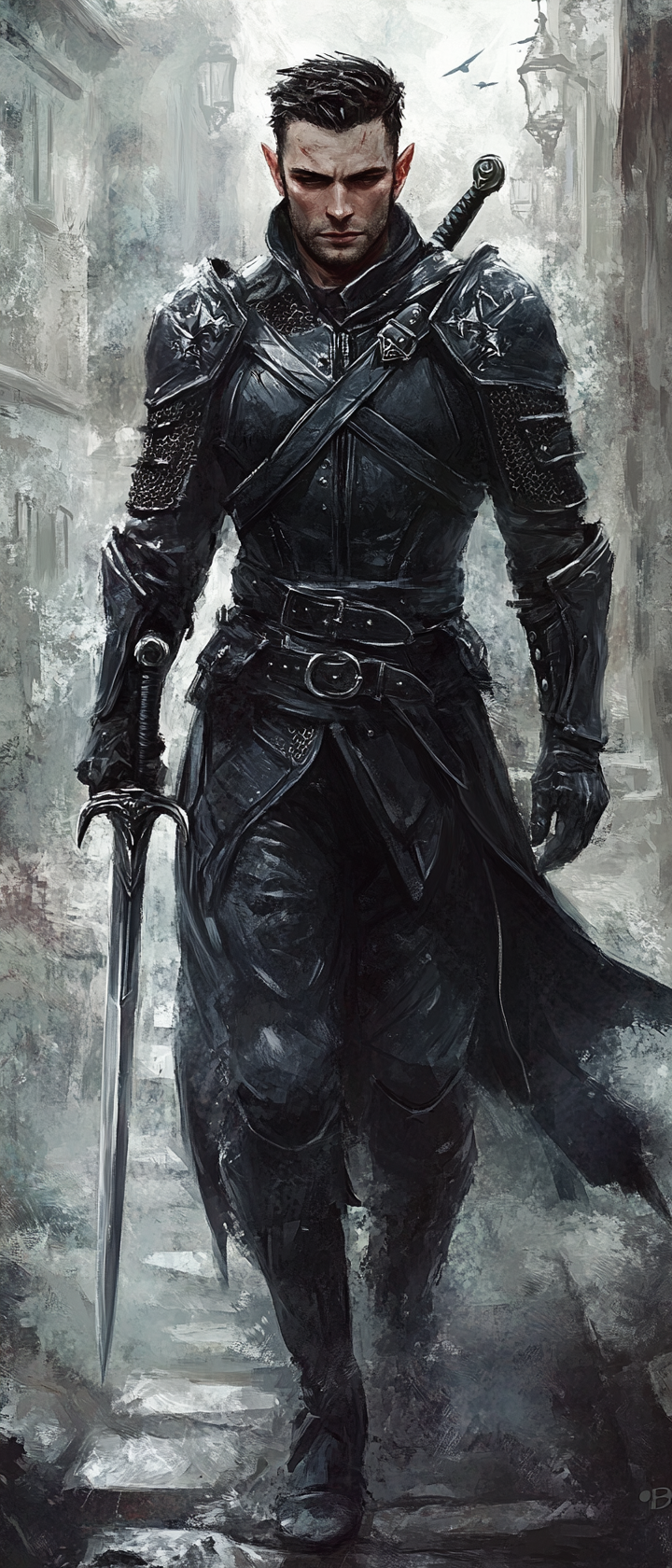 Male elf rogue in black armor with dagger.