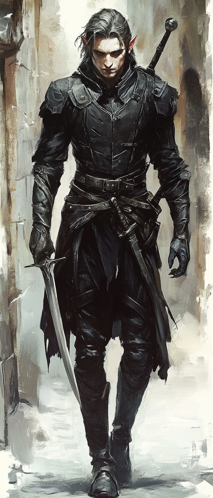 Male elf rogue in black armor with daggers.