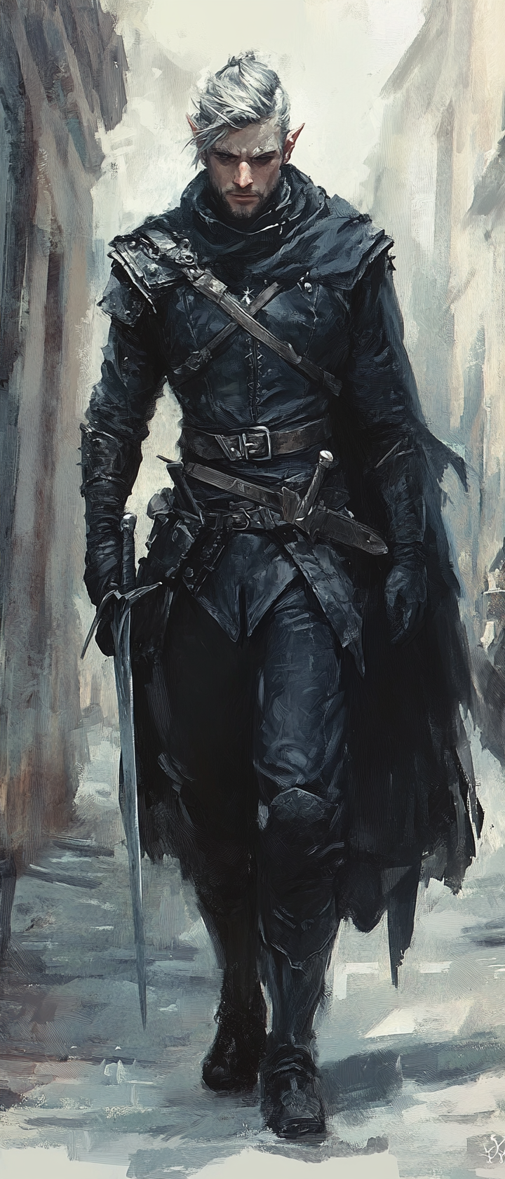 Male elf rogue in black leather armor with daggers.