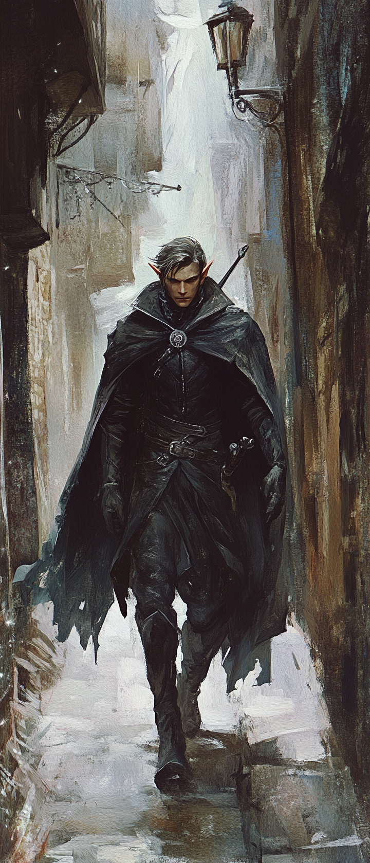 Male elf rogue in dark leather armor sneaking.